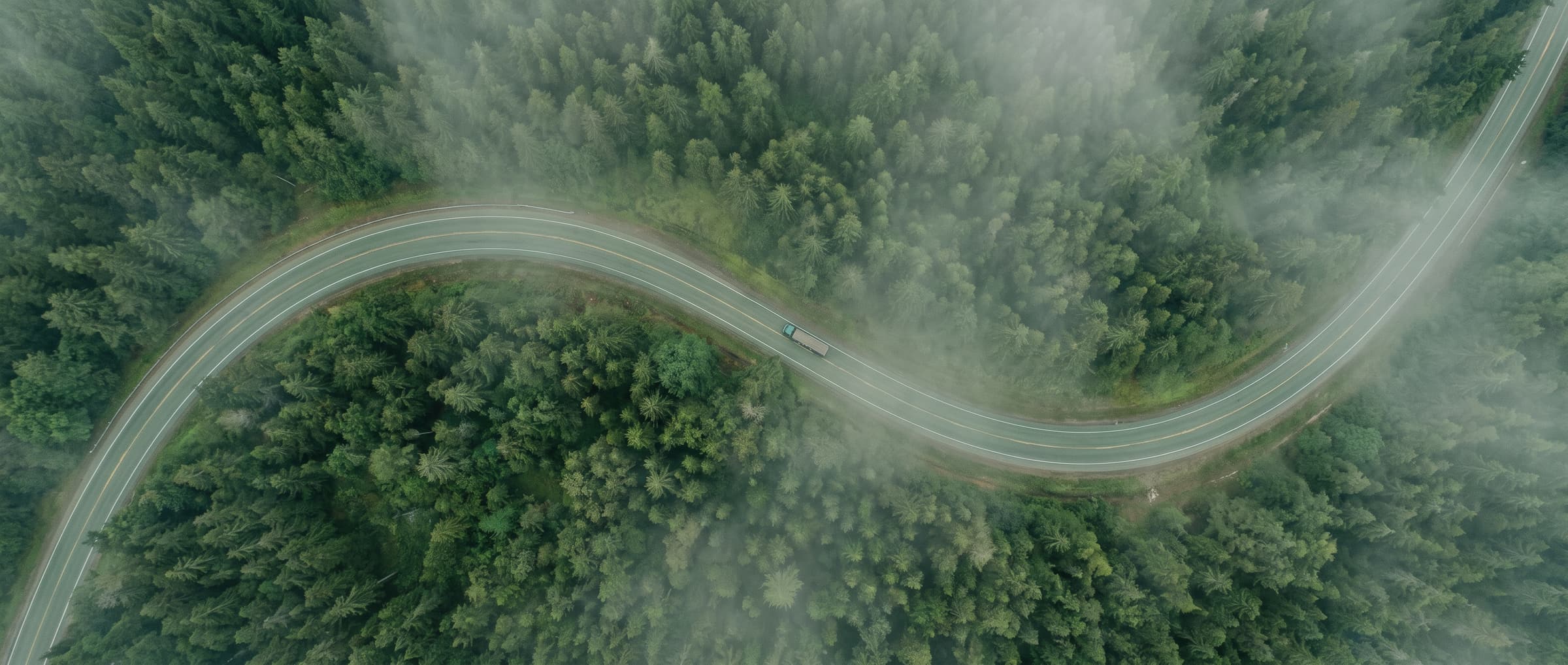 A truck on a winding road through a misty pine forest, seen from above
